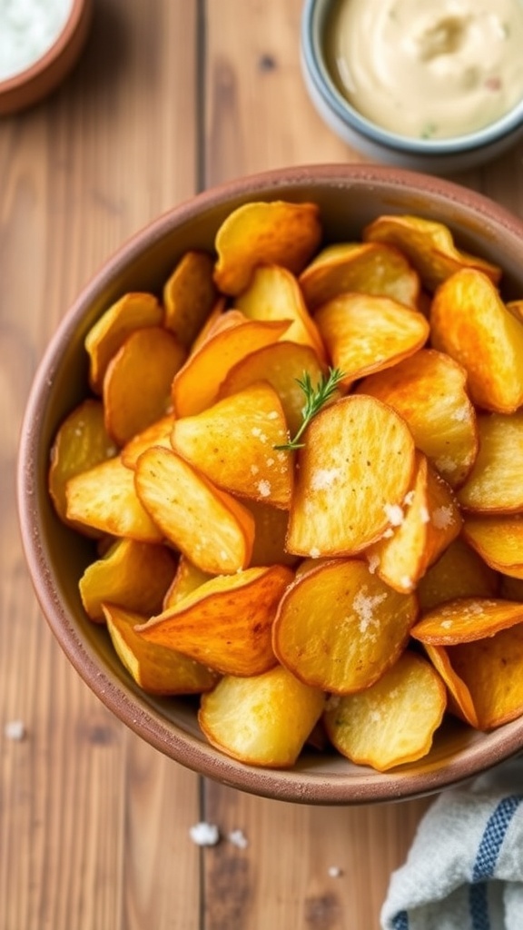 A bowl of crispy air fryer potato chips with seasoning, served with a dip on a wooden table.